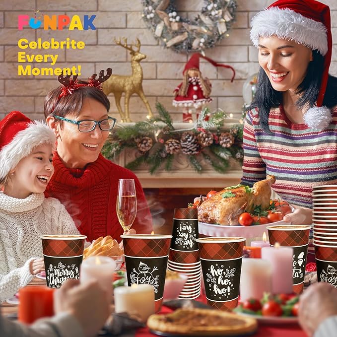 Disposable Coffee Cups with Lids for 100 Guests 16 oz, Christmas Buffalo Plaid Hot Cups for Coffee/Tea/Water/Juice, Xmas Premium Party Tableware Sets for Holiday, Winter, School, Family