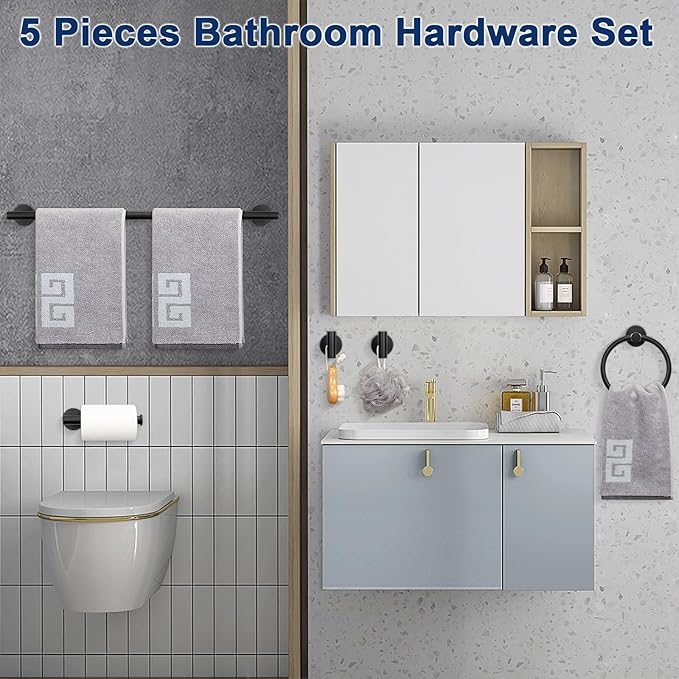 NearMoon 5 Pieces Bathroom Hardware Set SUS304 Thicken Stainless Steel-Towel Rack Kit Include 24" Towel Rod +Bath Towel Ring +Toilet Paper Holder +2 Robe Towel Hooks Bath Accessories (Matte Black)