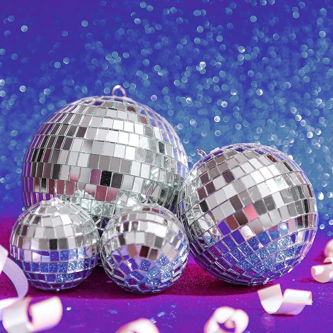 MTLEE 20 Pcs Disco Balls Decoration Mirror Disco Ball Assorted Silver Mini Glass Different Sizes Reflective with Rope for 70s Wedding Dance Music(4, 3. 2, 2 Inch)
