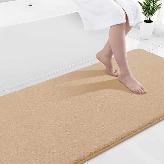 Smiry Memory Foam Bath Mat 59x24, Extra Soft and Absorbent Bathroom Mats, Non Slip Washable Carpet for Floor, Shower and Tub, Camel