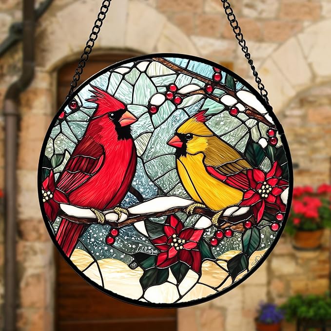 Stained Glass Window Hanging, Love Birds Cardinals Sun Catchers Colorful Glass Panel Birds Suncatcher Decor for Birthday for Women, Men, Wife, Lovers, and Mom 6.3 in