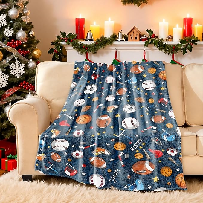 Wajade Sports Blanket for Boys,Soft Fleece 3D Soccer Basketball Baseball Football Kids Blanket for Couch Sofa Bedroom, Fuzzy Ball Throws for Kids Boys Teens,60"x80"