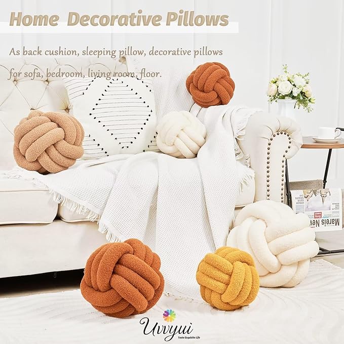 Uvvyui Knot Pillow Ball, Soft Home Decorative Pillows, Round Throw Pillow, Handmade Knotted Plush Pillow, Round Boucle Pillow Cushion (11 Inches Blush Pink)
