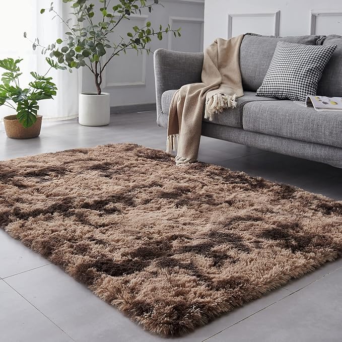 TABAYON Shag Area Rug, 5x7 Ft Tie-Dyed Coffee Upgrade Anti-Skid Durable Rectangular Cozy Rug, High Pile Soft Throw Rug for Nursery Room Living Room