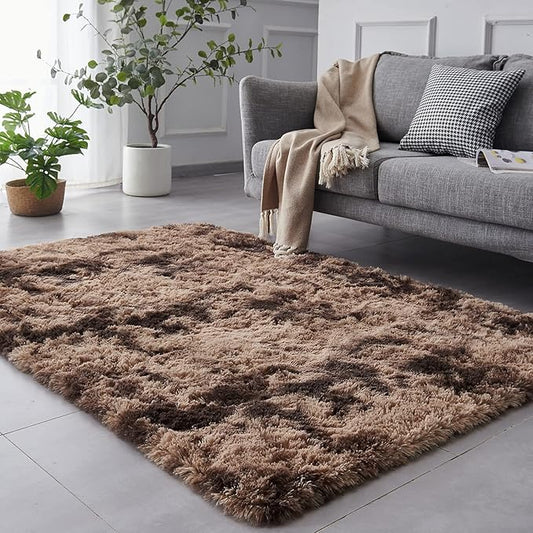 TABAYON Shag Area Rug, 5x7 Ft Tie-Dyed Coffee Upgrade Anti-Skid Durable Rectangular Cozy Rug, High Pile Soft Throw Rug for Nursery Room Living Room