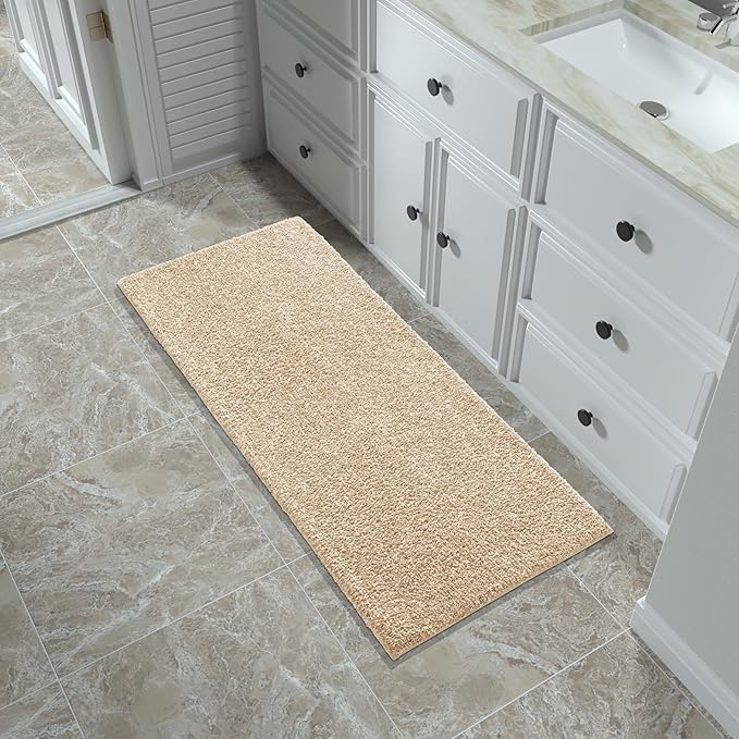 Yimobra Bathroom Runner Rug Non Slip Washable, Soft Absorbent Microfiber Long Bath Mat, Dual-Tone Decor Rug with Rubber Backing for Floor, Tub and Hallway,56x24,Home Essentials,Light Beige and White