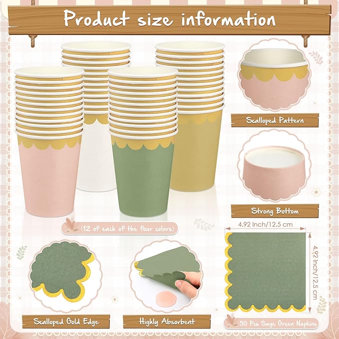Mimorou 342 Pcs Sage Green and Pink Party Supplies Green and Pink Tableware Paper Disposable Plates Napkins Cups Plastic Tablecloth Sage Golden White Triangle Banner for Wedding Bachelorette Birthday