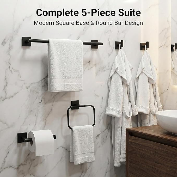 16" Matte Black Bathroom Hardware Accessories Set 5-Piece for RV Camper, SUS304 Stainless Steel Rustproof Towel Bar Kit, Durable Powder Coated Finish with 2 Robe Hooks (Matte Black)