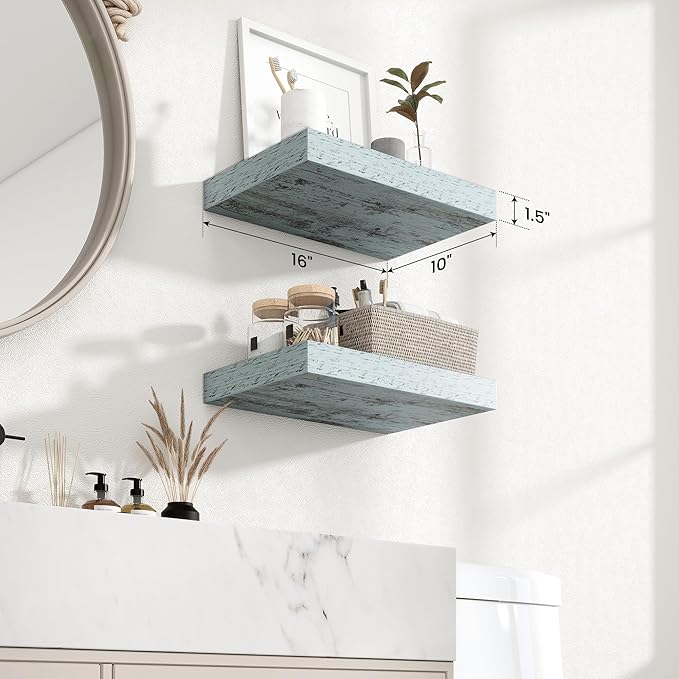 Axeman 16Inch Floating Shelves for Wall, 2 Pack Shelves for Bedroom, Bathroom, Kitchen, Hanging Wall Mounted Rustic Wood Shelf with Invisible Brackets for Books Decor, Rustic Blue