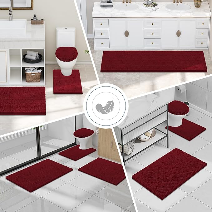Smiry Luxury Chenille Bathroom Rugs 47x17, Extra Soft and Absorbent Shaggy Bath Mat, Machine Washable, Non-Slip Plush Carpet Runner for Tub, Shower, and Floor, Home Decor Accessories, Red