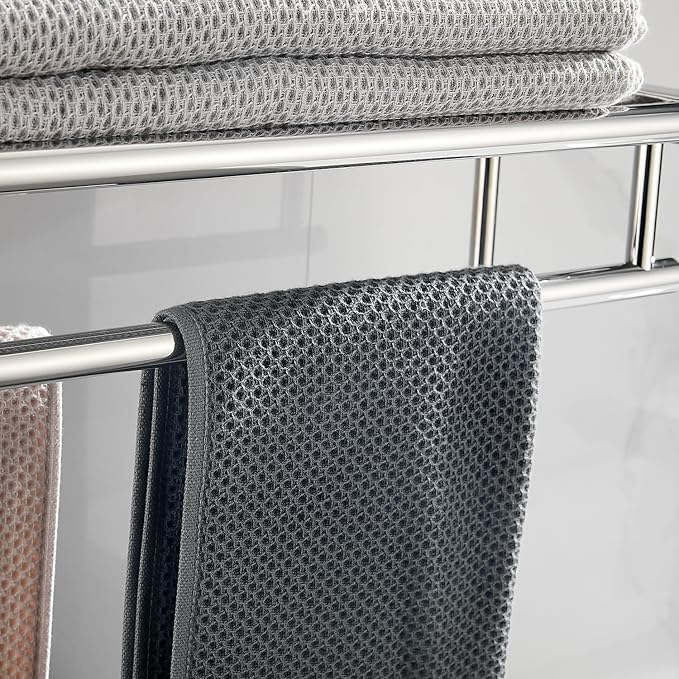 Towel Rack with Shelf 20 Inch Double Towel Racks for Bathroom Polished Chrome Bath Towel Holder SUS304 Stainless Steel Towel Rack Wall Mounted Modern Towel Hanger