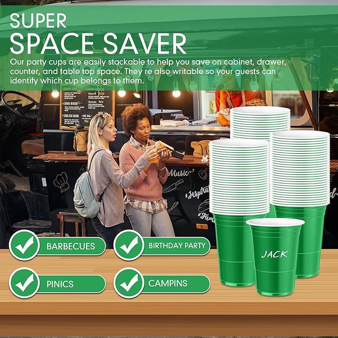 Mimorou Green 200 Pack 16 oz Disposable Plastic Cups Bulk, Party Plastic Cups for Parties Stackable Beverage Drinking Tumbler Heavy Duty for Events Picnics and BBQ Wedding Birthday Baby Shower