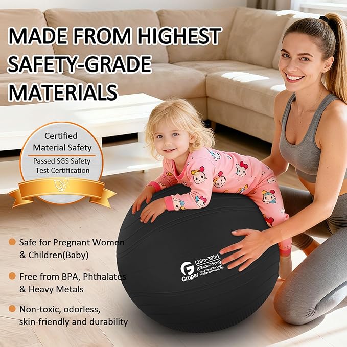 Gruper Yoga Ball, Multiple Sizes Non Slip Exercise Ball for Workout, Birthing, Balance, Stability, Pregnancy, 2200LB Capacity, Anti Burst Chair for Home and Office, Includes Quick Pump & Fitness Guide