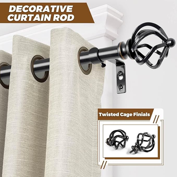 KAMANINA 2 Pack Curtain Rods 32 to 58 Inches (2.6-4.8ft), 3/4 Inch Black Curtain Rods for Windows Splicing Adjustable Single Drapery Rod with Twisted Cage Finial, for Indoor and Outdoor
