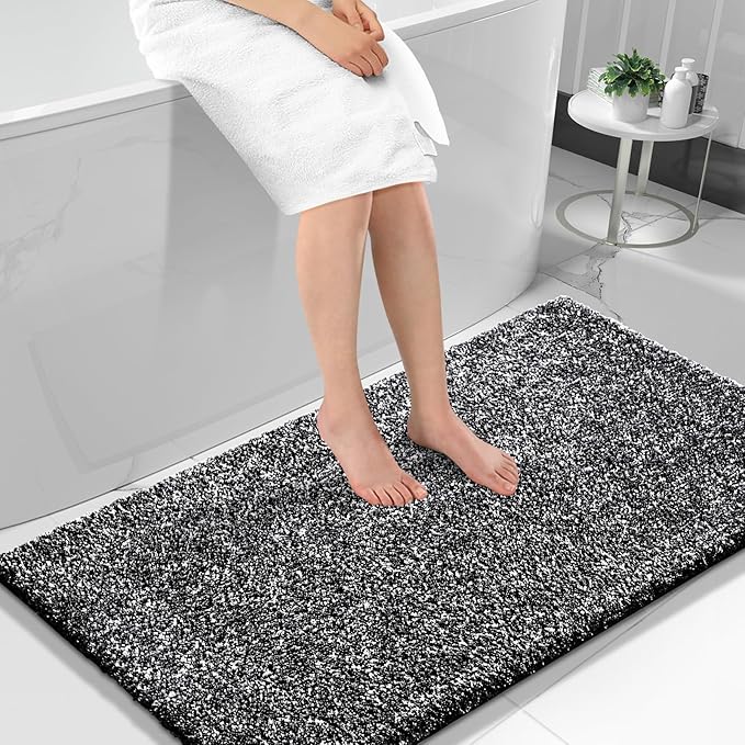 Yimobra Long Bathroom Rug Non Slip Washable, Soft Absorbent Microfiber Bath Mat, Dual-Tone Decor Rug with Rubber Backing for Bathroom Floor,Tub and Shower,47x24,Home Essentials,Black and White