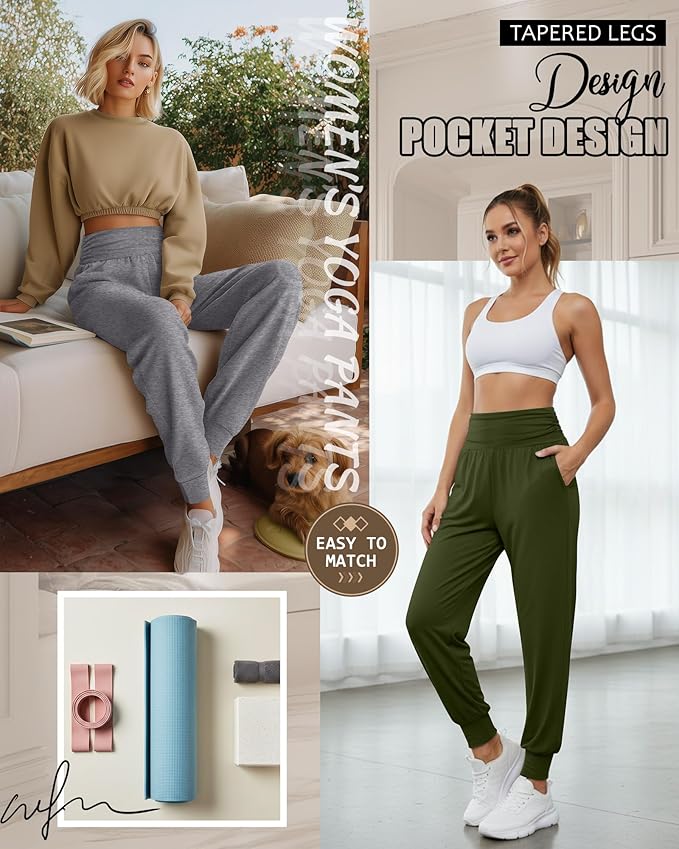 2 Pack Women's Yoga Joggers, Cozy Sweatpants with Pockets Casual Loose Comfy High Waisted Lounge Pants