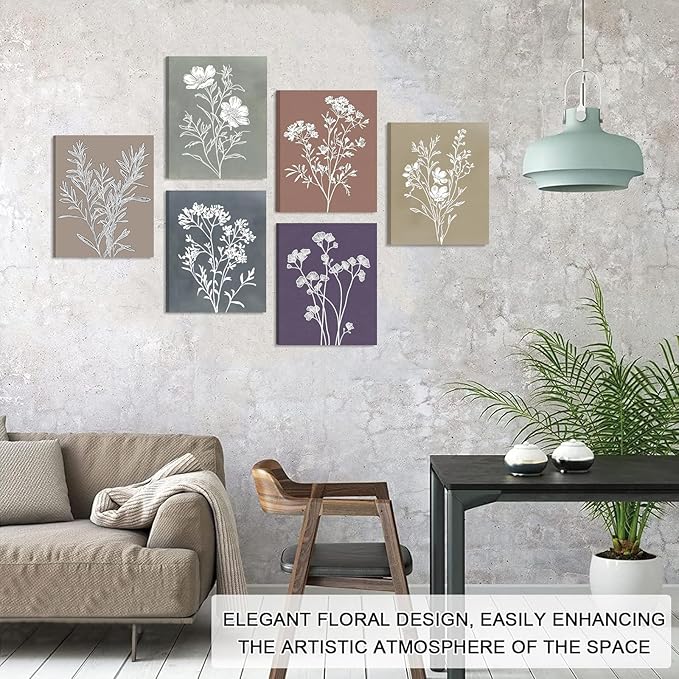 WALTSOM Framed Boho Floral Wall Art, Minimalist Botanical Canvas Prints, Vintage Farmhouse Flower Wall Decor for Bedroom, Bathroom, Kitchen (Framed, 8x10in, Set of 6)