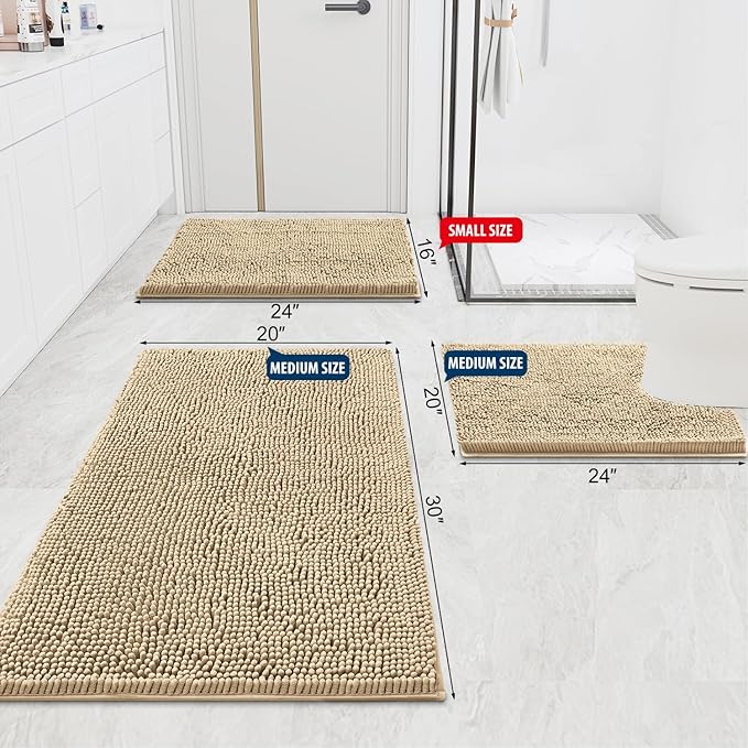 Smiry Luxury Chenille Bathroom Rugs 47x17, Extra Soft and Absorbent Shaggy Bath Mat, Machine Washable, Non-Slip Plush Carpet Runner for Tub, Shower, and Floor, Home Decor Accessories, Beige
