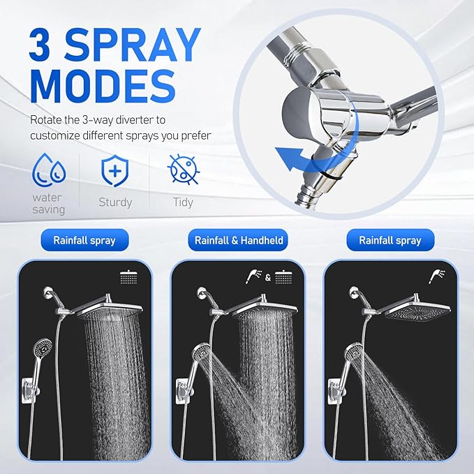 Wide Rain Shower Head With 5 Modes Handheld Showerheads, High Pressure Showerhead Combo with Extension Arm for Bathroom Accessories, Adjustable Shower Head with Anti-Clog Nozzles (Chrome)