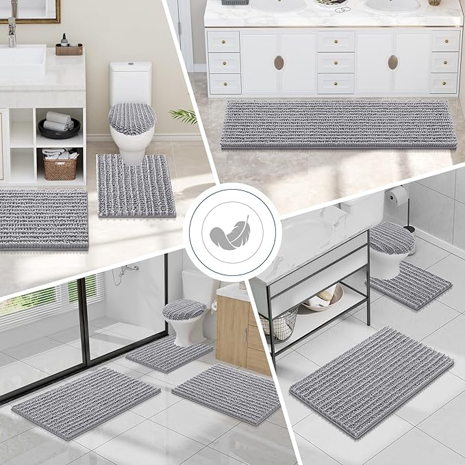 Smiry Bathroom Toilet Rugs U Shaped 24x24, Extra Soft Absorbent Non Slip Rubber Backing Chenille Contour Bath Rugs for Toilet, Machine Washable Contoured Bath Mats, Grey