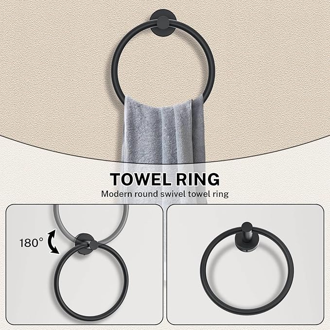 Matte Black Towel Bar Set 5-Piece Bathroom Hardware Accessories Set Includes 23.6in Towel Bar-Round Towel Ring-Toilet Paper Holder-Towel Hooks Stainless Steel Wall Mount Bathroom Towel Holder Set