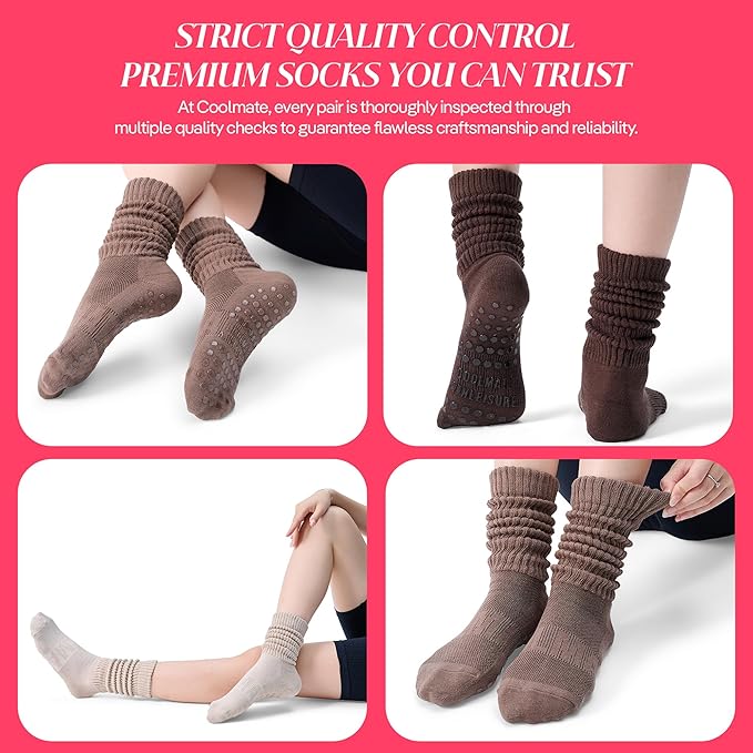 CoolMate Pilates Socks with Grips for Women, Yoga Socks, Crew Non Slip Women for Barre, Pilates Gifts