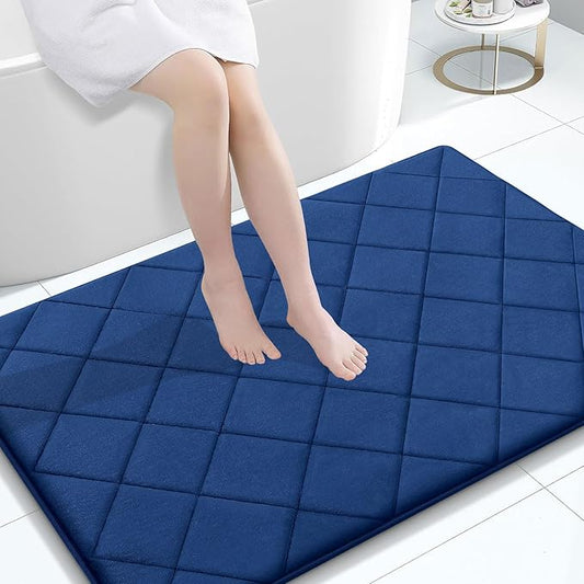 OLANLY Memory Foam Bath Mat 40x32, Ultra Soft and Absorbent Bathroom Rugs, Machine Washable, Comfortable Bath Carpet for Bathroom Floor, Tub and Shower, Navy