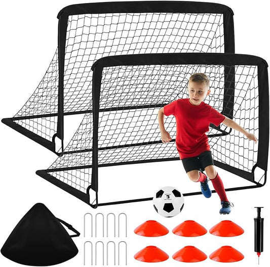 Kids Soccer Goals for Backyard Set - 2 Pack of 4' x 3' Portable Pop Up Soccer Nets, Training Equipment with Soccer Ball, Soccer Set for Kids Toddler and Youth Outdoor Games, Sports, Gifts