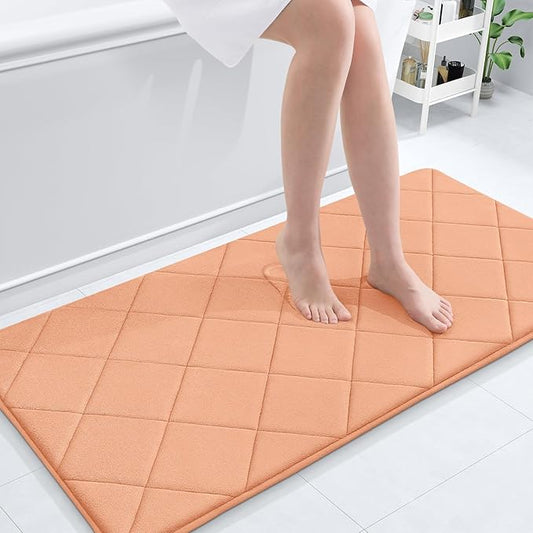 OLANLY Memory Foam Bath Mat 44x24, Ultra Soft and Absorbent Bathroom Rugs, Machine Washable, Comfortable Bath Carpet for Bathroom Floor, Tub and Shower, Peach