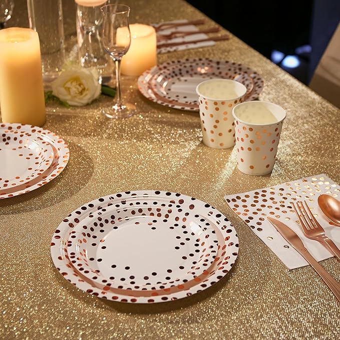 White and Rose Gold Party Supplies - 350 PCS Disposable Dinnerware Set - White Paper Plates Napkins Cups, Gold Plastic Forks Knives Spoon for Graduation, Birthday, Thanksgiving, Cocktail Party
