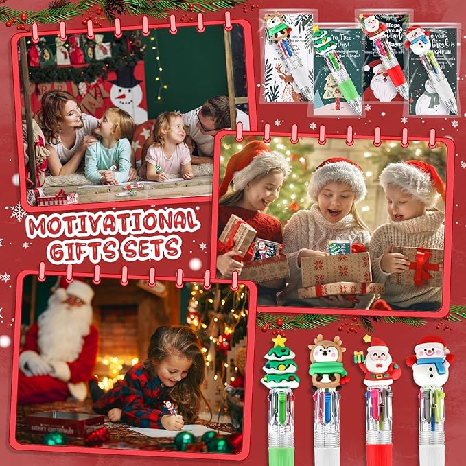48 Sets Christmas Ballpoint Pens Gift Positive Card 4-in-1 Multicolor Retractable Xmas Pens Classroom Prizes Christmas Goodie Bags Stocking Stuffers for Student Friends School Party Favor