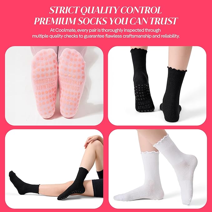 CoolMate Pilates Socks with Grips for Women, Yoga Socks, Crew Non Slip Women for Barre, Pilates Gifts