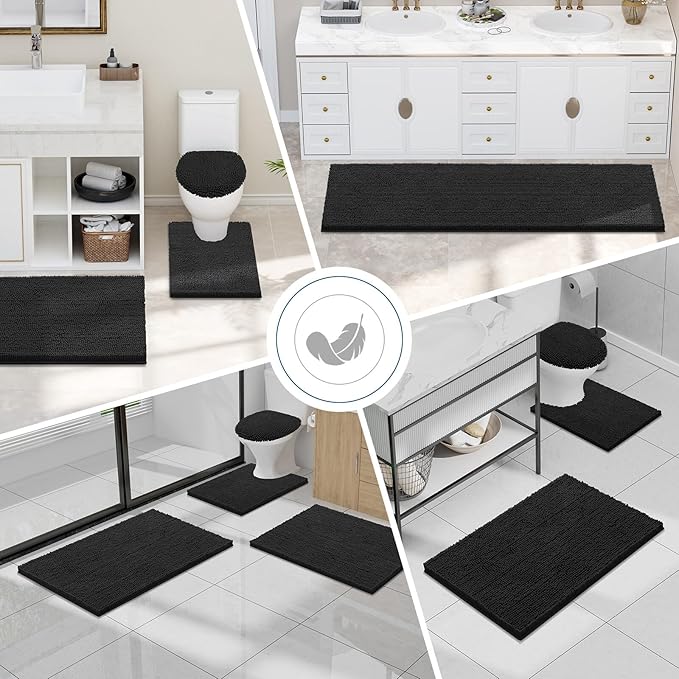 Smiry Luxury Chenille Bathroom Rugs 40x32, Extra Soft and Absorbent Shaggy Bath Mat, Machine Washable, Non-Slip Plush Carpet Runner for Tub, Shower, and Floor, Home Decor Accessories, Black
