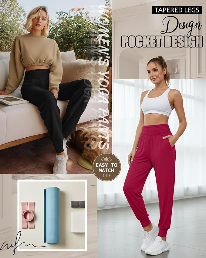 2 Pack Women's Yoga Joggers, Cozy Sweatpants with Pockets Casual Loose Comfy High Waisted Lounge Pants