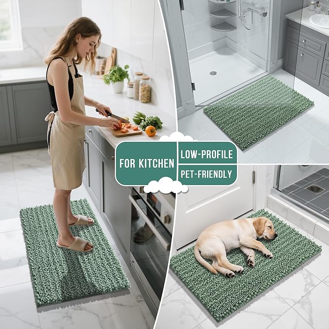 Yimobra Large Bathroom Rugs Non Slip Washable 36x24 Inch - Ultra Soft Absorbent Chenille Bath Mat, Quick Dry Shaggy Floor Carpet for Tub Shower, Green Home Decor Accessories