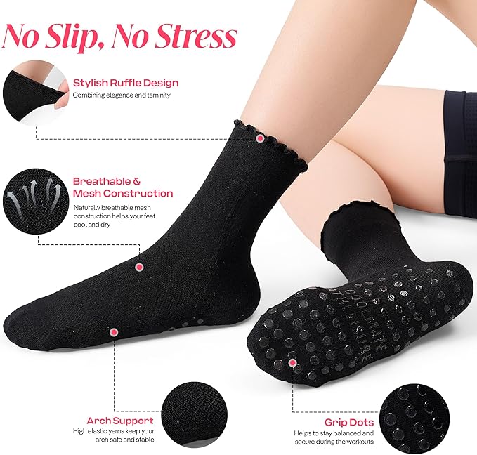 CoolMate Pilates Socks with Grips for Women, Yoga Socks, Crew Non Slip Women for Barre, Pilates Gifts