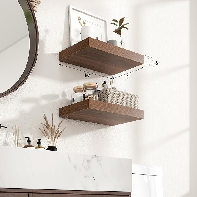 Axeman 16Inch Floating Shelves for Wall, 2 Pack Shelves for Bedroom, Bathroom, Kitchen, Hanging Wall Mounted Rustic Wood Shelf with Invisible Brackets for Books Decor, Walnut