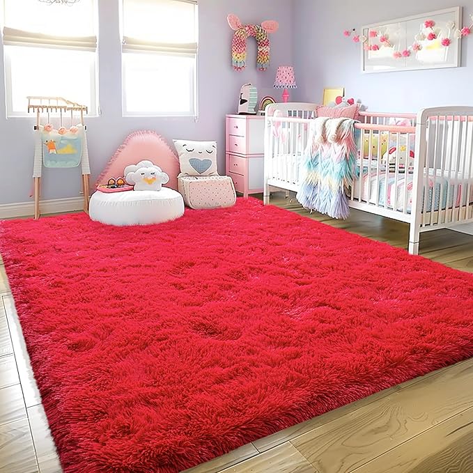 Super Fluffy Rug for Bedroom, 4x6 Shag Fuzzy Area Rug for Living Room Bedroom, Plush Soft Carpet for Girls Boys Kids, Non Slip Throw Rugs for Dorm, Modern Home Decor Aesthetic, Red
