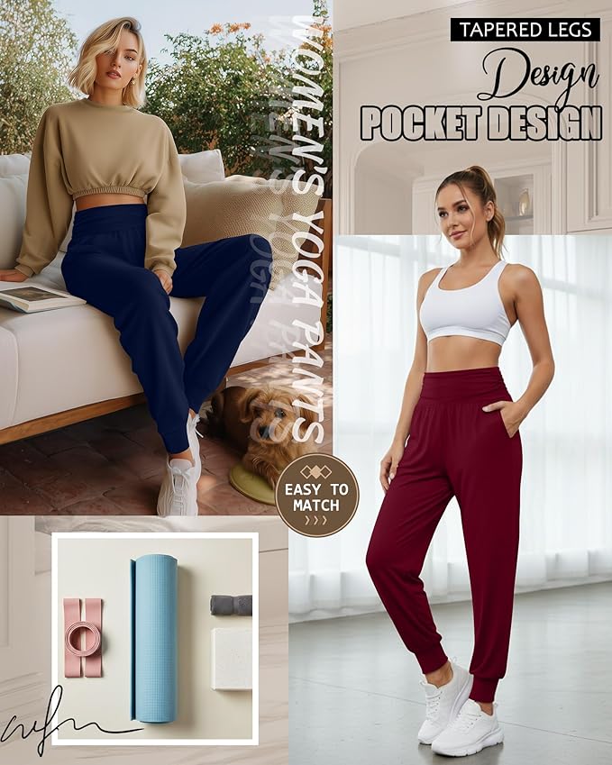 2 Pack Women's Yoga Joggers, Cozy Sweatpants with Pockets Casual Loose Comfy High Waisted Lounge Pants