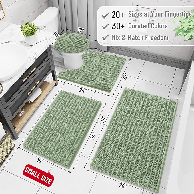 Arotive Luxury Chenille Bathroom Rug Mat, Extra Soft Thick Absorbent Shaggy Bath Rugs, Non-Slip Machine Wash Dry, Plush Bath Mats for Bathroom, Shower and Tub, 50x30, Sage Green