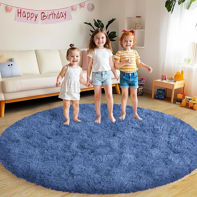 Round Fluffy for Bedroom Rugs, 5Ft Navy Blue Shag Circle Rug Non-Slip for Kids Girls Boys Bedroom Dorm Nursery Playroom, Soft Cute Area Rugs for Living Room Decor