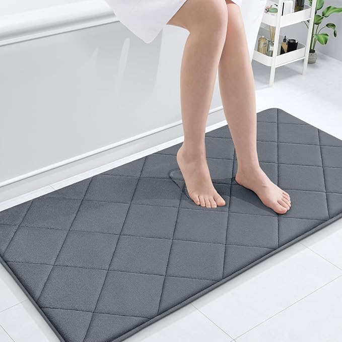 OLANLY Memory Foam Bath Mat 44x24, Ultra Soft and Absorbent Bathroom Rugs, Machine Washable, Comfortable Bath Carpet for Bathroom Floor, Tub and Shower, Dark Grey