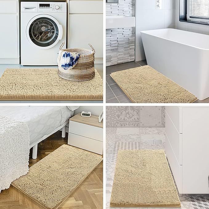 Smiry Luxury Chenille Bathroom Rugs 40x24, Extra Soft and Absorbent Shaggy Bath Mat, Machine Washable, Non-Slip Plush Carpet Runner for Tub, Shower, and Floor, Home Decor Accessories, Beige