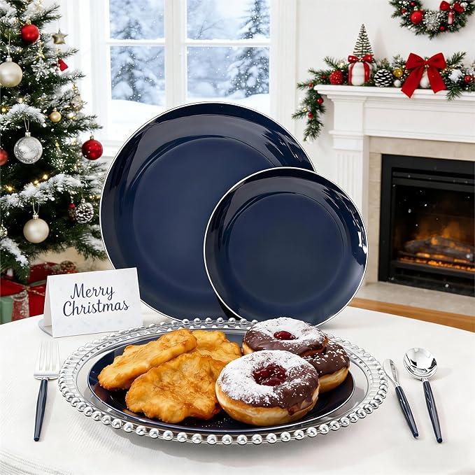 KIRE 175Pcs Blue Plastic Plates with Silver Rim & Disposable Silverware with Blue Handle & Silver-rim Cups & Hand Napkin & Plastic Dinnerware for Hanukkah/Parties/Wedding