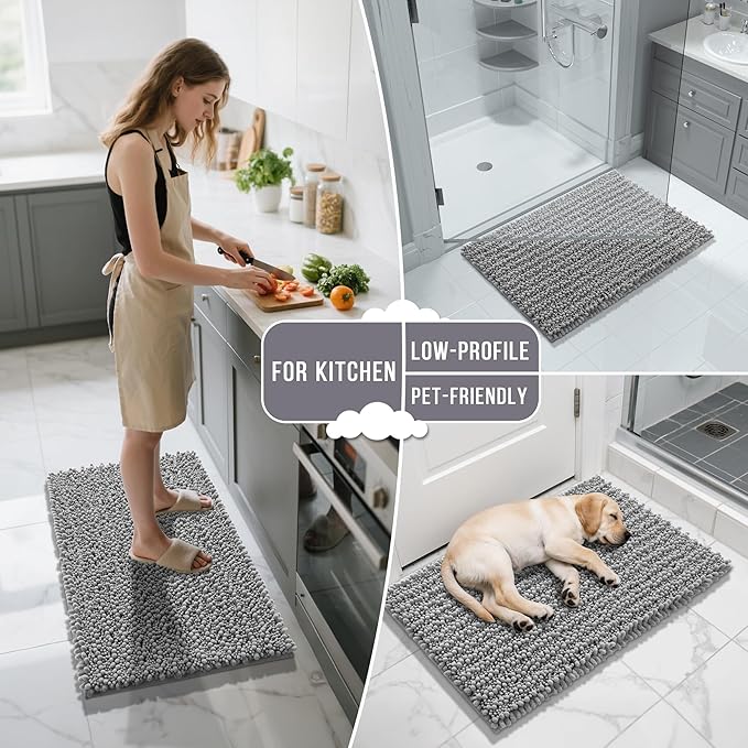 Yimobra Bathroom Runner Rug 55x24 Inch - Extra Long Non Slip Chenille Bath Mat, Soft & Absorbent, Machine Washable Shaggy Hallway Carpet for Vanity Tub Shower, Gray Home Decor Accessories