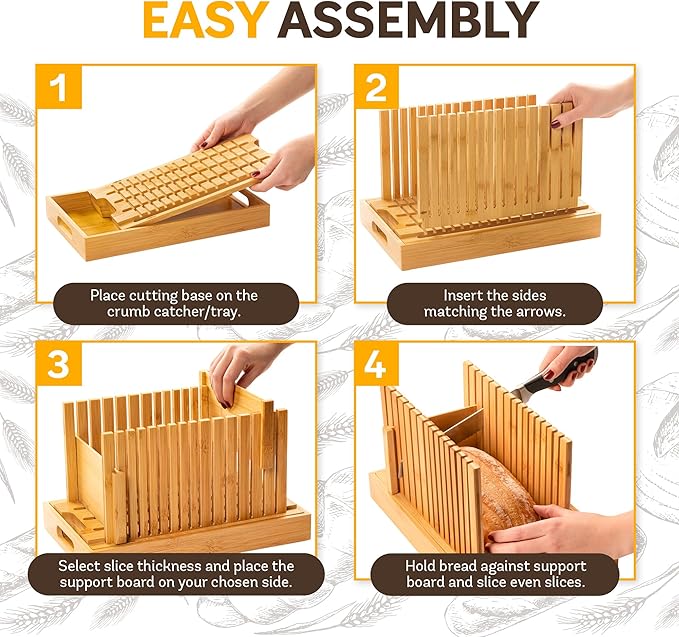 Bambüsi Upgraded Bread Slicer for Homemade Bread - Adjustable Bamboo Bread Cutter Board, Foldable Slicing Guide with Crumb Tray for Sourdough, Artisan Loaves, Bagels, Cakes, Bakery Kitchen Gadget Gift