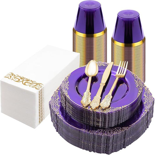 175PCS Clear Purple Plastic Plates for 25 Guests, Disposable Plates with Gold Trim include 25 Dinner Plates, 25 Dessert Plates, 75 Gold Silverware, 25 Cups, 25 Napkins for Party, Wedding