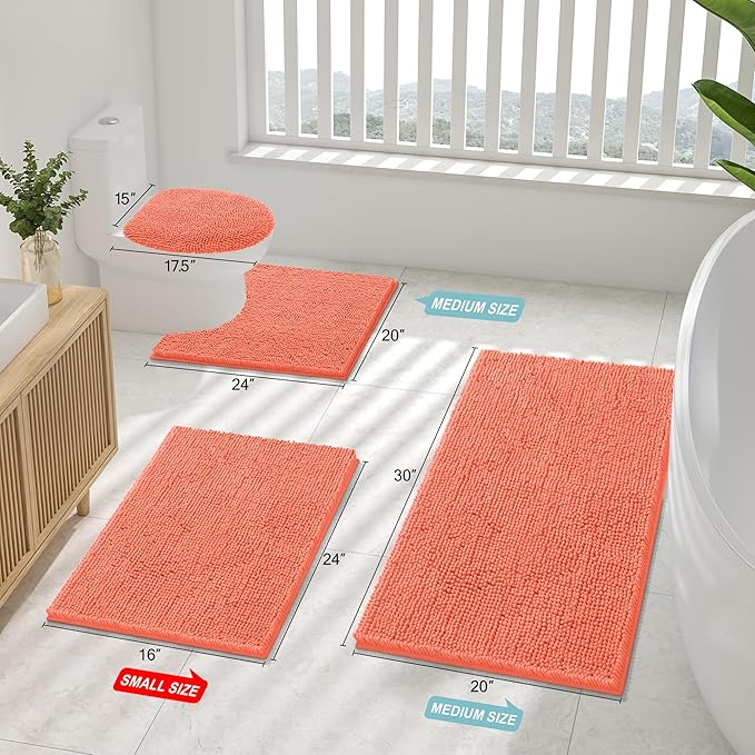 Smiry Luxury Chenille Bathroom Rugs 47x20, Extra Soft and Absorbent Shaggy Bath Mat, Machine Washable, Non-Slip Plush Carpet Runner for Tub, Shower, and Floor, Home Decor Accessories, Coral