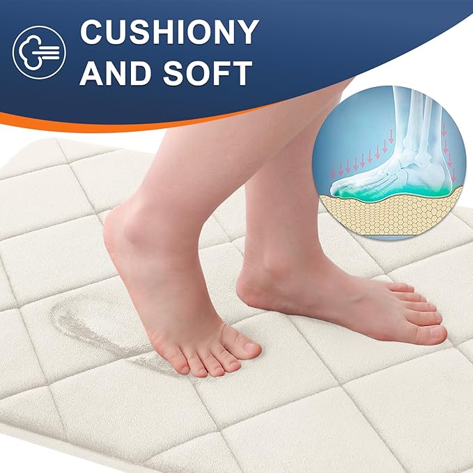 OLANLY Memory Foam Bath Mat 44x24, Ultra Soft and Absorbent Bathroom Rugs, Machine Washable, Comfortable Bath Carpet for Bathroom Floor, Tub and Shower, Ivory