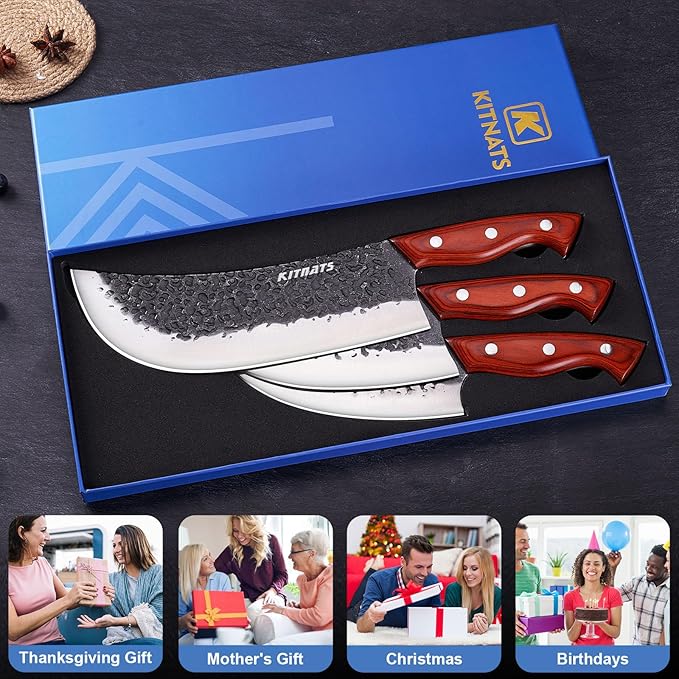 Professional Butcher Knife Set, Hand Forged Heavy Duty Meat Cleaver Serbian Chef Knife Viking Boning Knife 3PCS Kitchen Set for Meat Cutting Home Kitchen Outdoor Camping BBQ Cooking Gift for Men